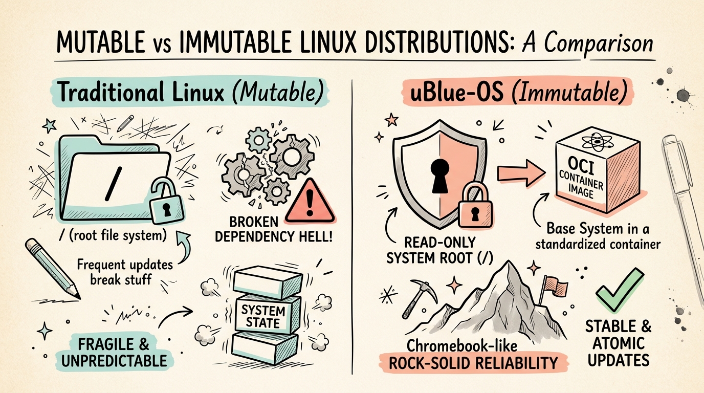 Traditional Mutable Linux vs uBlue-OS Immutable Architecture